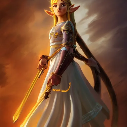 Prompt: Princess Zelda, posing heroically, heavenly, full body close-up shot, elegant, realistic character concept, high fantasy, light atmosphere, golden ratio, cinematic lighting, hyperdetailed, high resolution, insanely detailed and intricate, artstation, Marc Simonetti, Greg Rutkowski, octane render, 8k