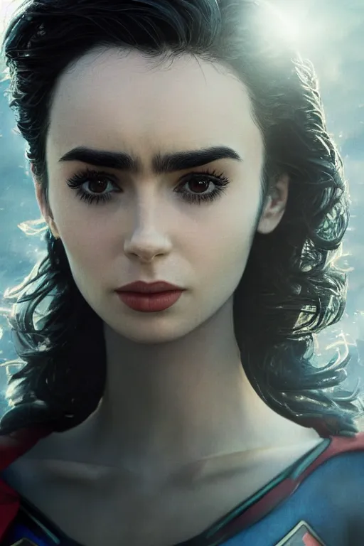 Image similar to a fancy close up of Man of Steel cast as Lily Collins by Greg Rutkowski, Sung Choi, Mitchell Mohrhauser, Maciej Kuciara, Johnson Ting, Maxim Verehin, Peter Konig, 8k photorealistic, cinematic lighting, HD, high details, dramatic, trending on artstation, full body shot