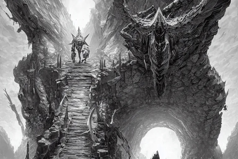 Image similar to black and white one point perspective dungeon cozy fantasy dungeon dragon artgerm and Craig Mullins, James Jean, Andrey Ryabovichev, Mark Simonetti and Peter Morbacher 16k