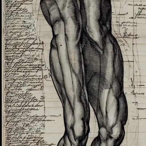 Prompt: full page scan of 1400s detailed human thigh concept art, architectural section, plan drawing, page, paper, parchment, papyrus, fantasy, horror, occult, diagram, informative texts, graphs, notes, scribbles, human thigh anatomy anatomical, blur