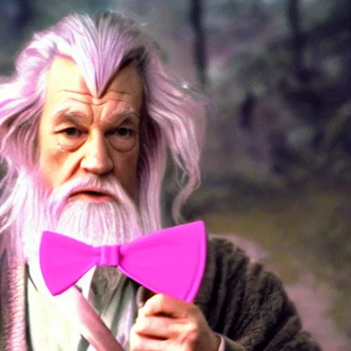 Image similar to portrait of gandalf the pink, pink bowtie in his hair, holding a blank playing card up to the camera, movie still from the lord of the rings