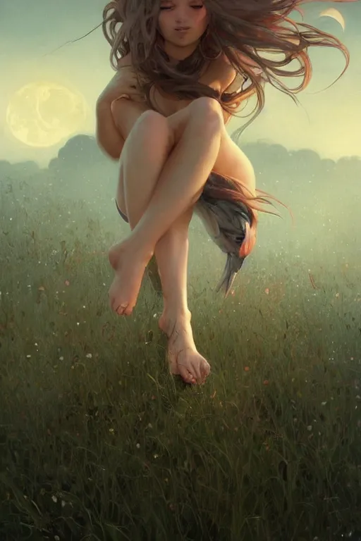 Prompt: fantasy, beautiful leg, long hair, girl, portrait, sitting, cloud sky and moon night background, high detail, cinematic lighting, concept art, digital art, illustration, smooth, sharp focus, greg rutkowski, alphonse mucha, loish, wlop, trending on artstation, trending on deviantart