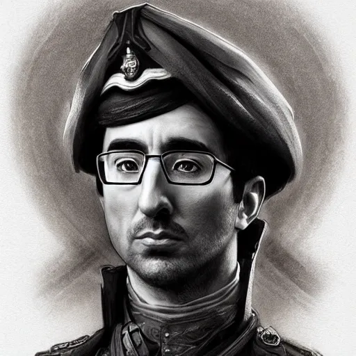 Image similar to portrait of stoic looking john oliver, military uniform, fantasy, intricate, elegant, highly detailed, centered, dark, smokey, charcoal painting, digital painting, artstation, concept art, smooth, sharp focus, illustration, art by artgerm and greg rutkowski and alphonse mucha