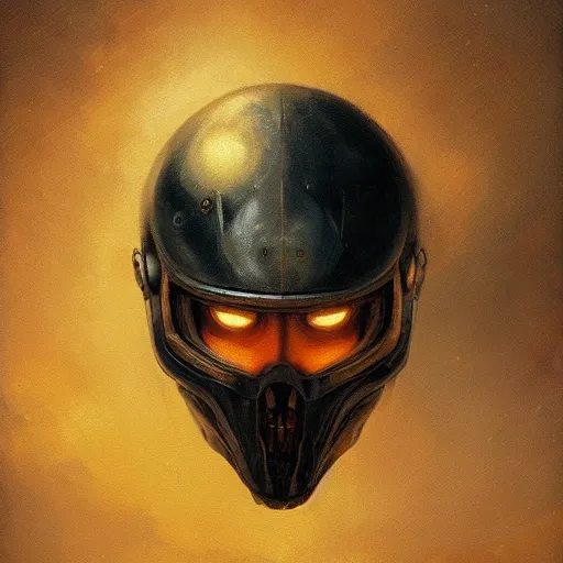 Prompt: breathtaking soft painting of angry devil with an intricate retrofuturistic helmet in a golden sky, realistic symmetrical face features, rembrandt style, elegant, highly detailed, artstation, concept art, matte, sharp focus, art by tom bagshaw, and greg rutkowski