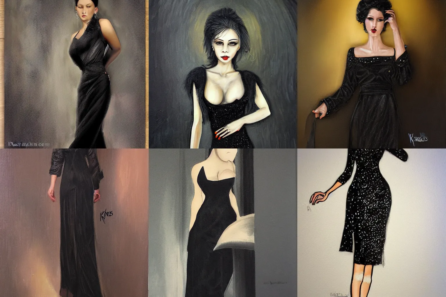 Prompt: A woman wearing a black night dress by Krenz Kushart, detailed