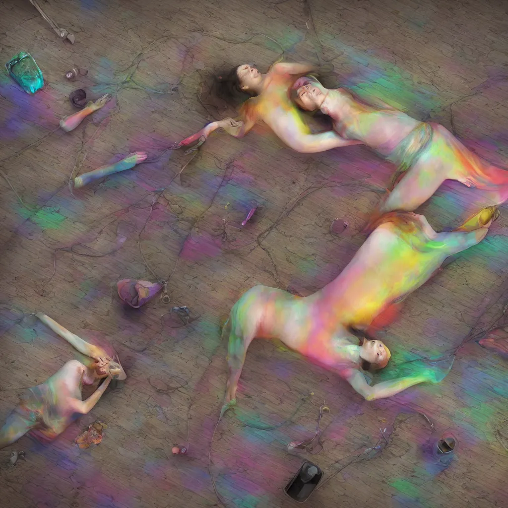 Image similar to overhead view of iridiscent oil slick and weird machines in wax with a woman's corpses with transparent pipes to a baby buried relaxing on yoga mat, faded, multicolored gradient, fog, smoke, depth of field, ultra realistic, very detailed, glitch, by nadav kander, matthew barney, 8 k hyper realistic detailed cinematic