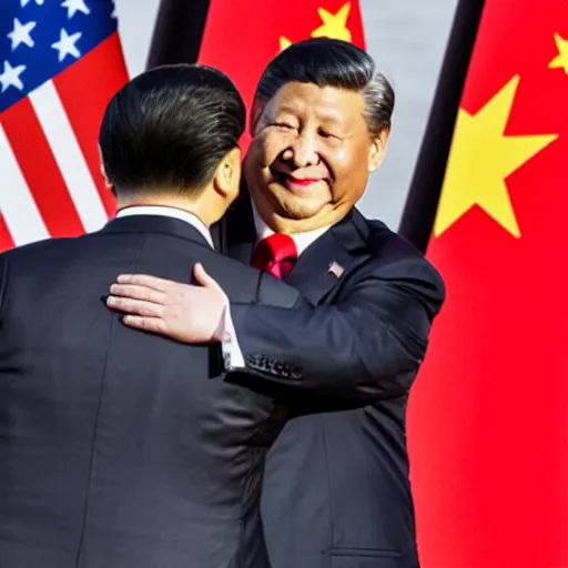 Image similar to trump hugging xi jinping on stage in front of crowd