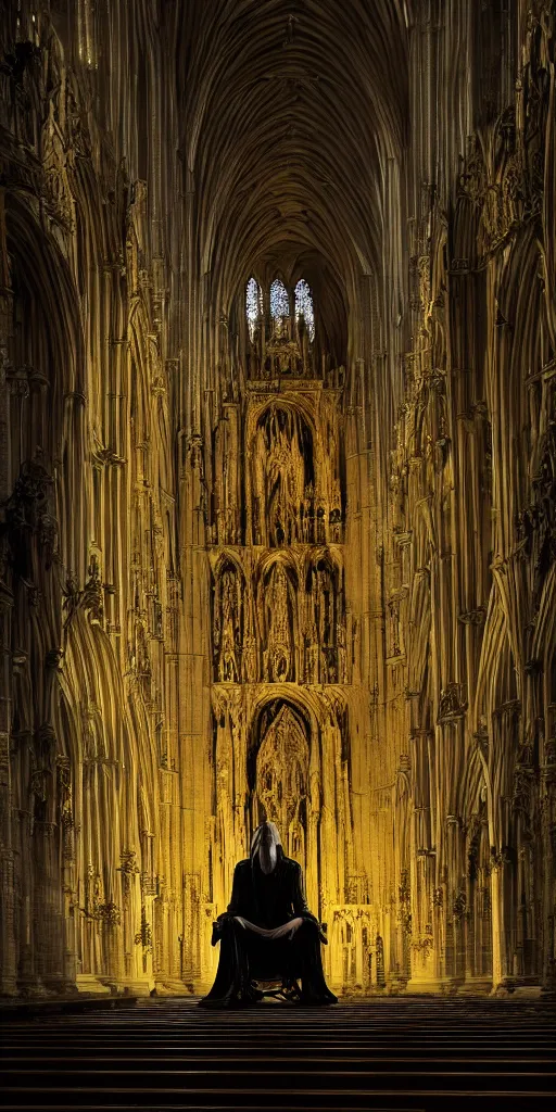 Image similar to a tall pale humanoid being sitting upon an ornate stone throne, 4K, digital art, horror, dramatic, wearing a long yellow rotting garment, dark, hyperrealistic, perspective, complex (((dark))) cathedral background with volumetric lights coming in through cathedral windows, dark background, highlights,