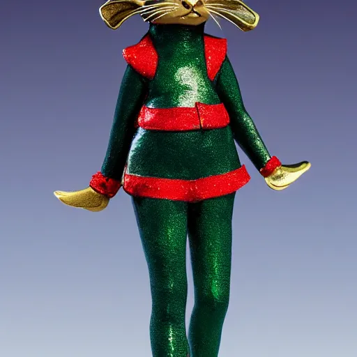 Prompt: New Margaret Le Van Alley Cats fashion statuette, wearing festive clothing, full body render, museum quality photo