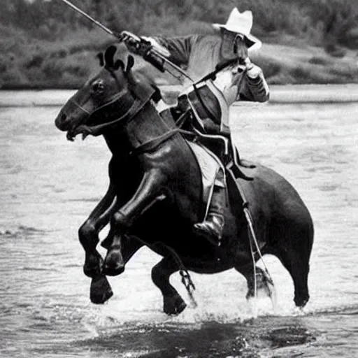 Image similar to a mountie!!!! riding on a hippo!!!!!!!