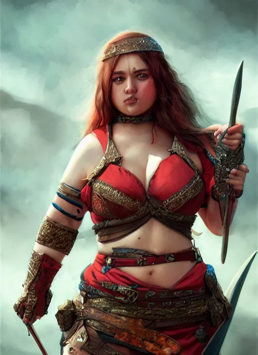 Image similar to hyper realistic photo of medieval chubby beautiful warrior girl, full body, rule of thirds, conceptart, saturated colors, artstation, cgsociety