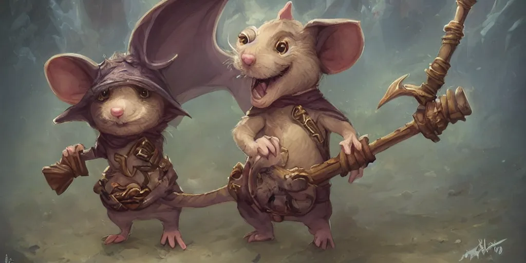 Image similar to cute little anthropomorphic rat, wielding a magic staff, tiny, small, short, Wizard robe, cute and adorable, pretty, beautiful, DnD character art portrait, matte fantasy painting, DeviantArt Artstation, by Jason Felix by Steve Argyle by Tyler Jacobson by Peter Mohrbacher, cinema