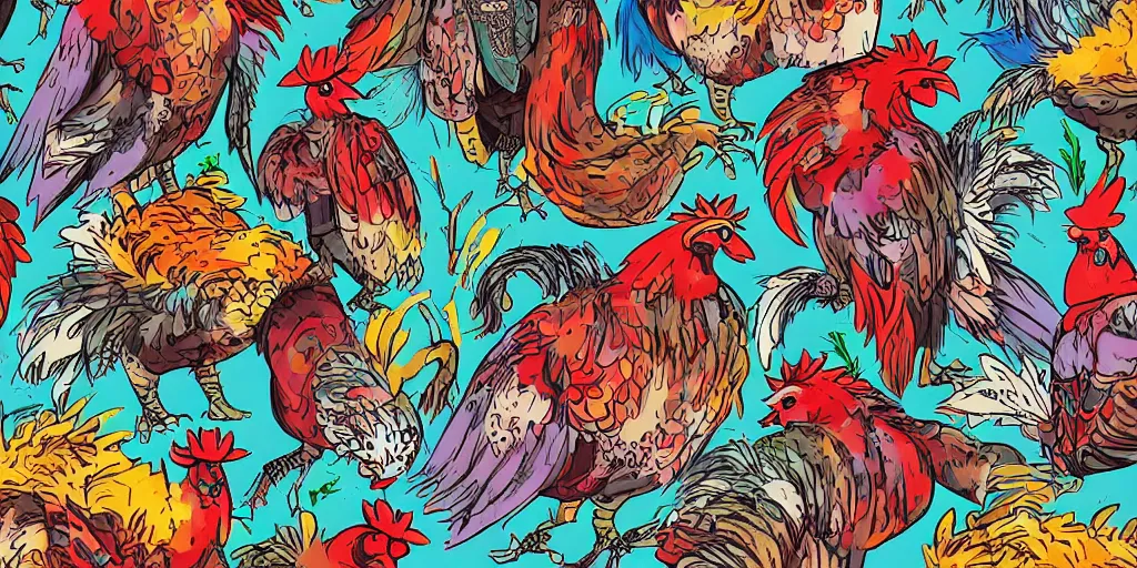 Prompt: colorful illustration of bloodied pompous armoured warrior roosters, mix of styles, studio ghibli color scheme