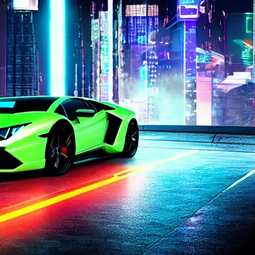 Prompt: an establishing long shot of a futuristic lamborghini supercar with neon borders on body, flying in the air in a cyberpunk city at night, hologram ads and neon signs on building rooftops, rainy environment, 8 k, hyper detailed, ultra realistic, sharp focus, in the style of blade runner