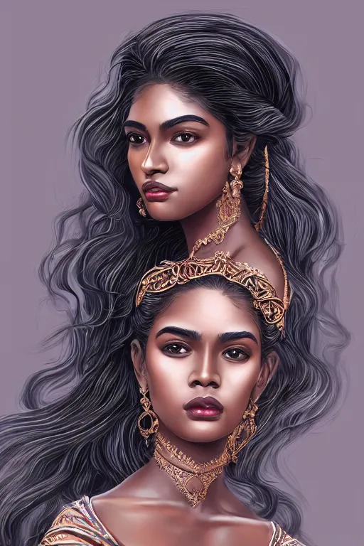 Image similar to A bust of a beautiful black skinned Sri Lankan girl with large lips and smooth eyebrows and straight hair, HD, illustration, epic, fantasy, intricate, elegant, amazing detail, digital painting, artstation, concept art, smooth, sharp focus, illustration, art by Turine Tran