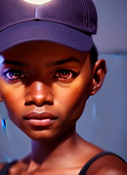 Image similar to An epic fantasy comic book style portrait painting of a young dark skinned girl with short hair dressed as a boy in a cap, unreal 5, DAZ, hyperrealistic, octane render, cosplay, RPG portrait, dynamic lighting