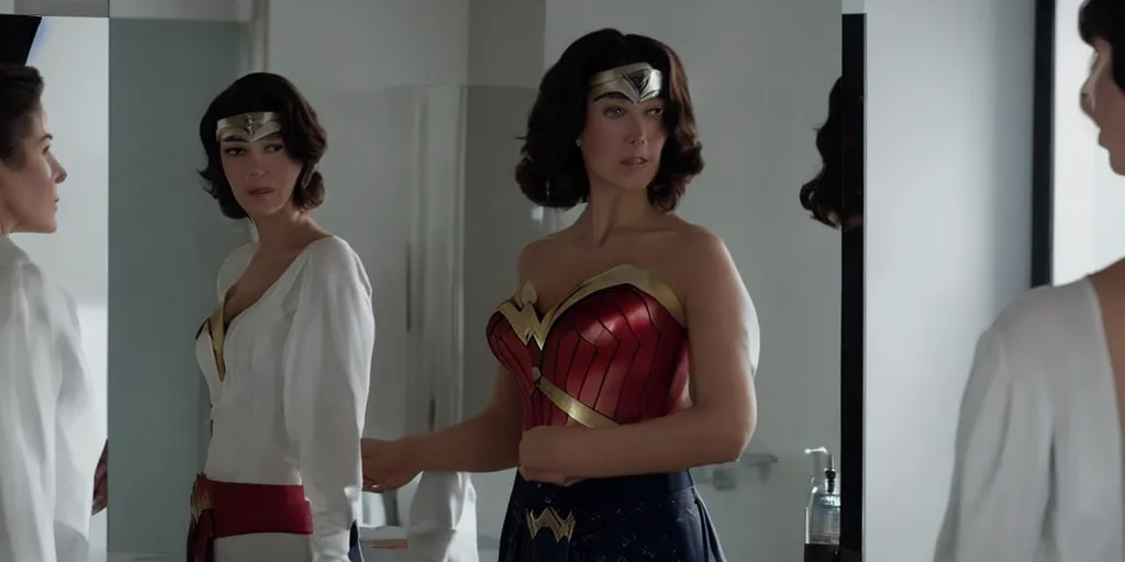 Image similar to ultra wide angle photo of mary elizabeth winstead dressed in a white blouse and black dress pants as diana prince looking at herself in a bathroom mirror and seeing her reflection as wonder woman