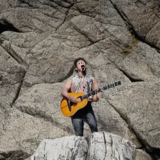 Image similar to dwayne jonson standing on a rock and singing in a rock concert