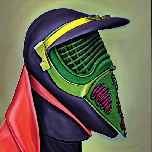 Prompt: beautiful lifelike painting of mf doom remembers his pot holders, hyperreal detailed facial features and uv lighting, art by ed roth and basil wolverton