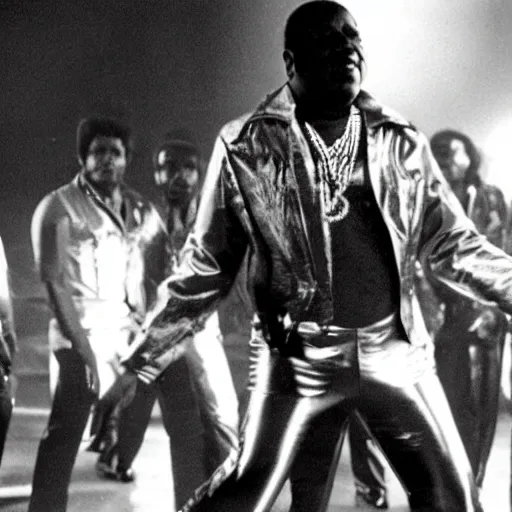 Image similar to A movie still of Idi Amin wearing a disco suit in Satuday Night Fever