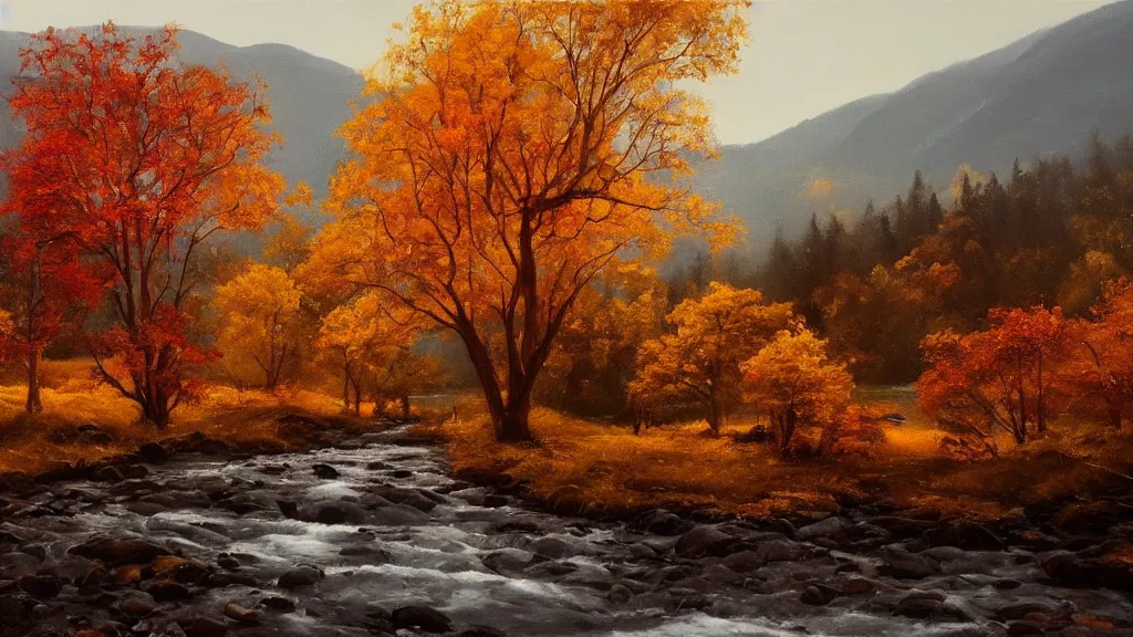 Image similar to A beautiful oil painting of hill with a single tree, the tree is in the rule of thirds, the fall has arrived and the leafs started to become golden and red, the river is zigzagging and flowing its way, the river has lots of dark grey rocks, by Greg Rutkowski