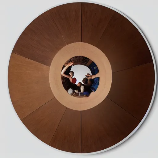 Image similar to mild umber by willem van haecht, by john pawson. a beautiful photograph of a group of people standing around a circular table. in the center of the table is a large, open book. the people in the photograph are looking at the book with interest & appear to be discussing its contents.