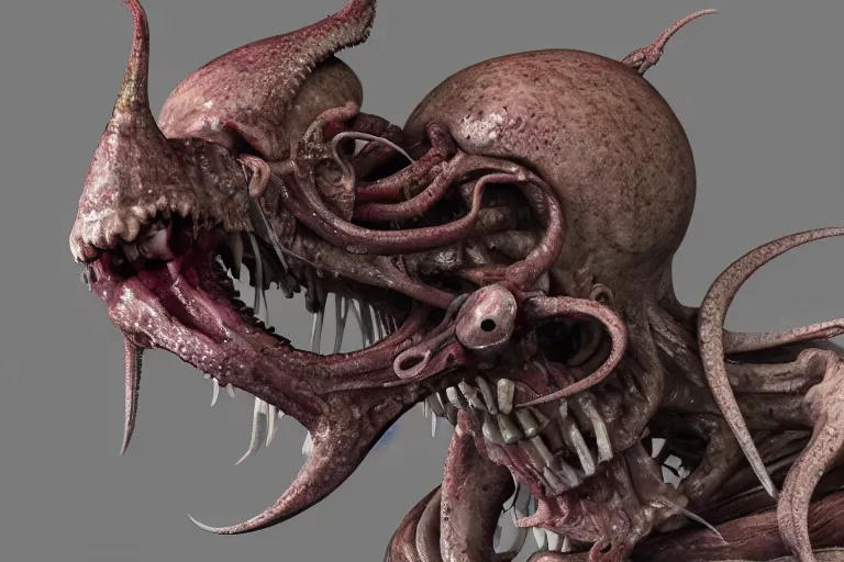 Image similar to a squid monster eating a person, john carpenter body horror, eighties practical horror special effects, cosmic horror, body horror, protruding bones, trending on zbrush central, neoplasticism, lovecraftian, zbrush, biomorphic, midjourney, nightcafe