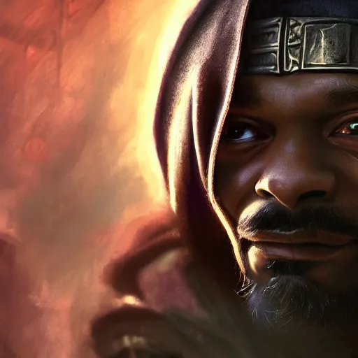 Image similar to portrait of snoop dogg as the grim reaper, league of legends amazing splashscreen artwork, gears of war, splash art, natural light, elegant, photorealistic facial features, intricate, fantasy, detailed face, atmospheric lighting, anamorphic lens flare, cinematic lighting, league of legends splash art, hd wallpaper, ultra high details by greg rutkowski