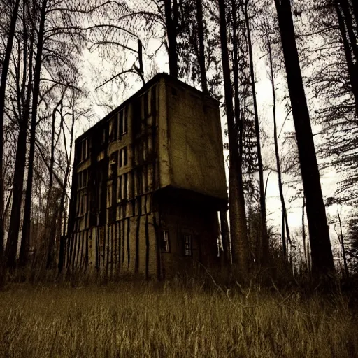 Image similar to twisted creepy building with in a dark forest at midnight