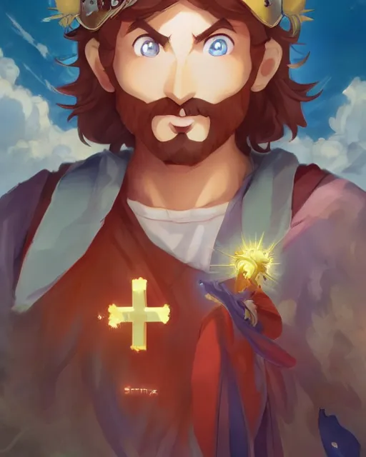 Image similar to an anime portrait of jesus christ in the world of super mario, by stanley artgerm lau, wlop, rossdraws, james jean, andrei riabovitchev, marc simonetti, and sakimichan, trending on artstation