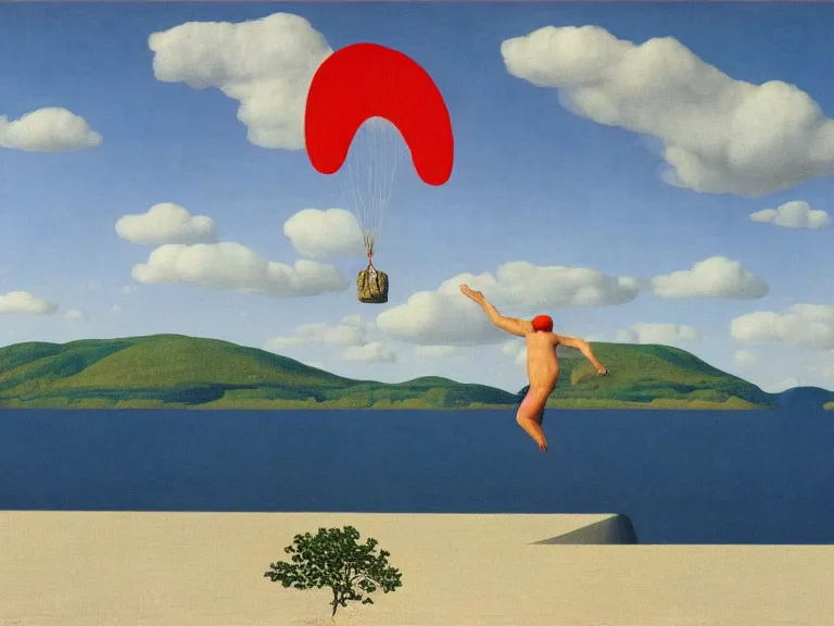 Image similar to Man parachuting onto a small island in the middle of a big lake painting by rene magritte, high detail, high resolution