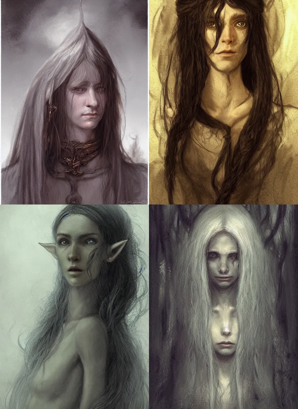 Prompt: portrait of an elf with long hairs in alan lee and marc simonetti and emil melmoth style , cinematic lighting