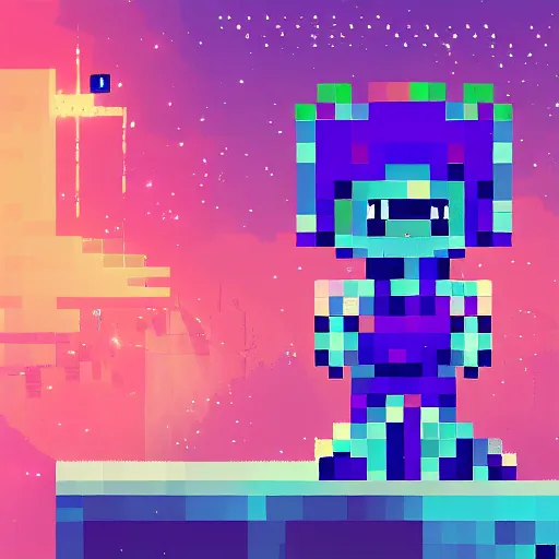Image similar to pixel art humanoid robot cat, in the style of celeste and and hyper light drifter