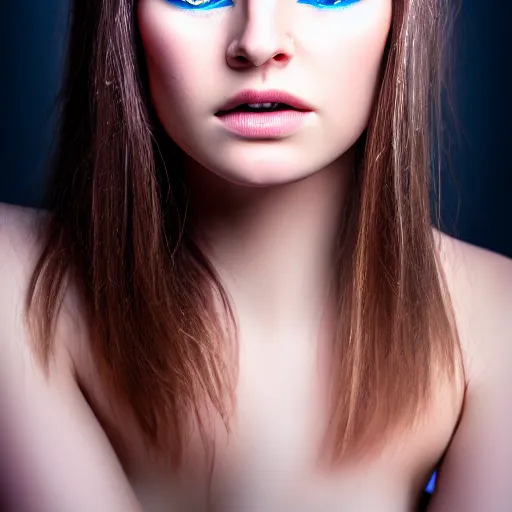 Image similar to photo portrait of very very very beautiful woman staring into camera, realism, blue eyes, extreme detail, key art, ring light, flash, photo by greg rutkoski, photoshoot