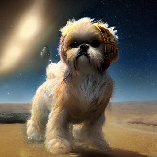 Image similar to Shih Tzu on an alien planet, digital painting, artstation, concept art, donato giancola, Joseph Christian Leyendecker, WLOP, Boris Vallejo, Breathtaking, 8k resolution, extremely detailed, beautiful, establishing shot, artistic, hyperrealistic, beautiful face, octane render, cinematic lighting, dramatic lighting, masterpiece