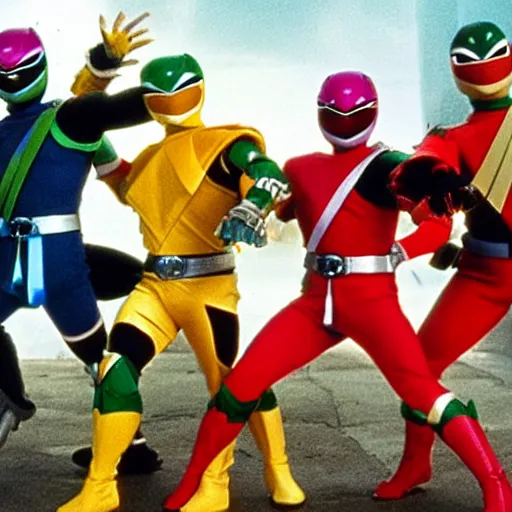 Image similar to power rangers fighting the teenage mutant ninja turtles