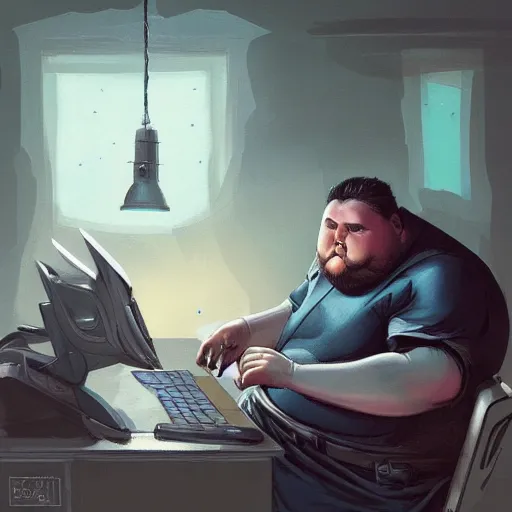 Image similar to a insanely detailed painting of a slightly overweight man wearing a homemade superhero costumed, sitting at a computer desk, nervously and clicking on the mouse, in the style of peter mohrbacher, dramatic lighting and composition, trending on artstation, concept art, comic book, graphic novel