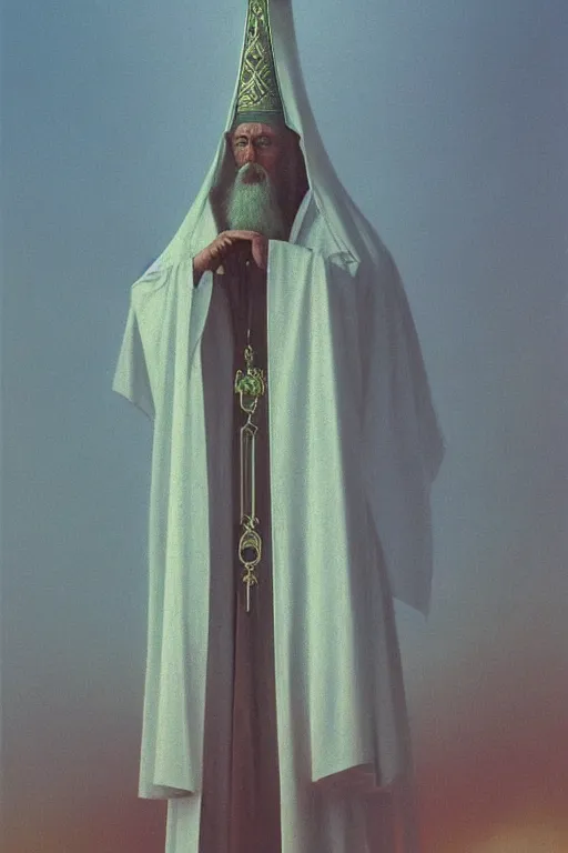 Image similar to an orthodox patriarch in a very tall russian temple, in style of Zdzislaw Beksinski,