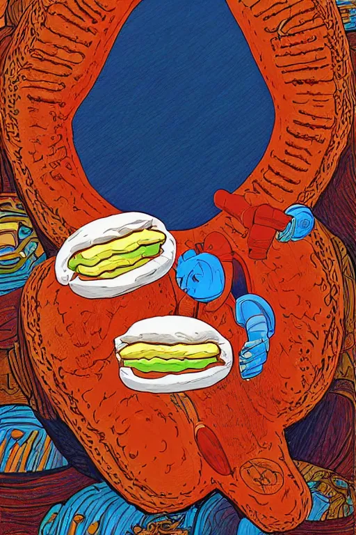 Image similar to an original jean giraud digital art painting of a religious decree prohibiting the consumption of hot dog buns