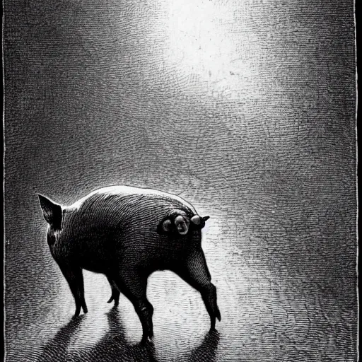 Image similar to a pig walking on two legs, creepy atmosphere, dressed in a tuxedo, dark, close-up, realistic, very realistic, illustration by Gustave Doré