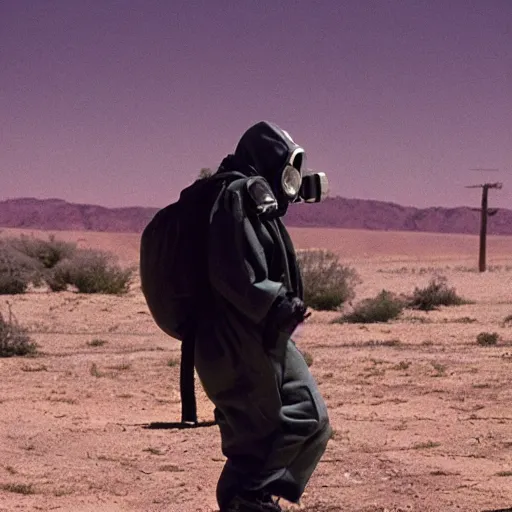 Prompt: a man wearing a hazmat suit and gasmask, in the desert, film still, directed by vince gilligan