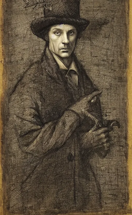 Prompt: portrait of Sherlock holmes with a deerstalker hat by Leonardo da vinci, renaissance art, high quality scan