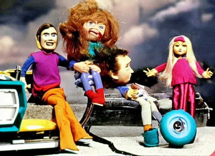 Image similar to a scene from a 1 9 7 0 s british kids tv programme by the bbc and gerry anderson, supermarionation, vhs distortion, folk horror, hauntology