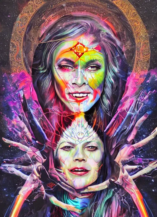 Image similar to collage of gorgeous magic cult psychic woman smiling, third eye, energetic consciousness psychedelic, epic surrealism expressionism symbolism, story telling, iconic, dark robed, oil painting, symmetrical face, dark myth mythos, by Sandra Chevrier, Noriyoshi Ohrai masterpiece cutout layering
