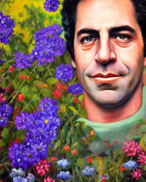 Image similar to a painting of jeffry epstein with flowers in his hair, a character portrait by drew struzan, behance contest winner, american scene painting, oil on canvas, matte drawing, studio portrait