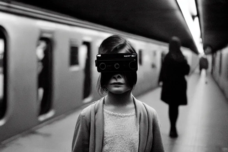 Image similar to girl in augmented reality headset in a subway, richard avedon, tri - x pan, ominous lighting