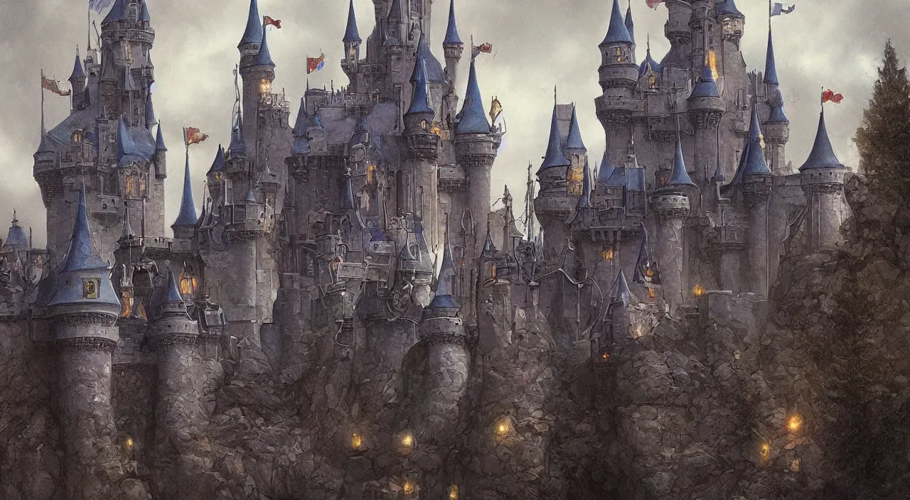 Prompt: disney fantasy castle. Jean-Baptiste Monge and Alex Ross a artwork of a gothic revival castle. fantasy castle, trending on artstation
