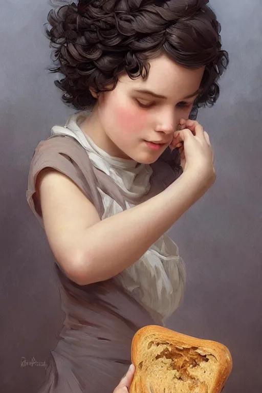 Image similar to beautiful cottagecore of a girl with short black curly hair, round face, cute face, holding a loaf of bread. intricate, elegant. highly detailed, digital painting, artstation, concept art, smooth, sharp, focus, illustration. . art by artgerm and greg rutkowski and alphonse mucha