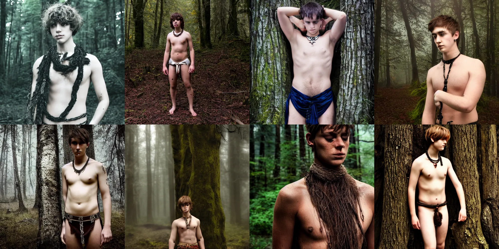 Prompt: natural short hair, loincloth, ominous and eerie forest, teenage boy, necklace, award winning photo, 8 k, detailed face