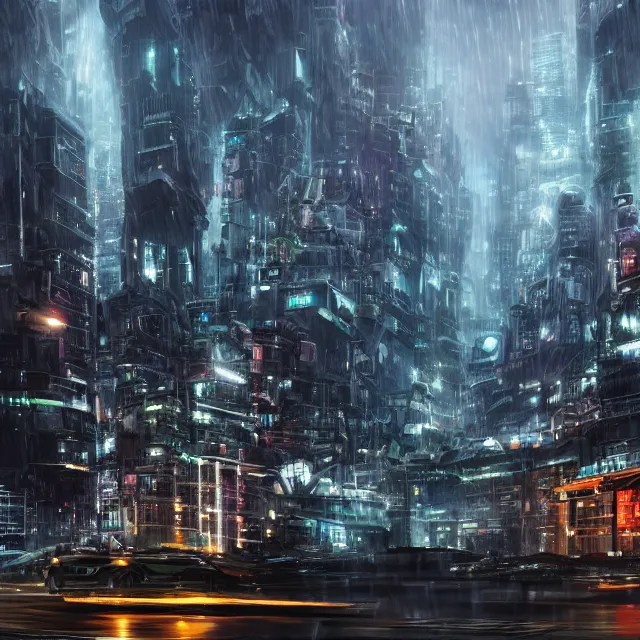 Image similar to futuristic city, during rainstorm, detailed, 4 k